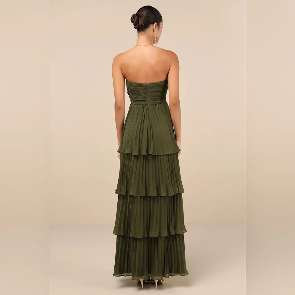 Lulus Seriously Sensational Olive Green Strapless Tiered Maxi Dress Wedding Prom - Picture 5 of 8